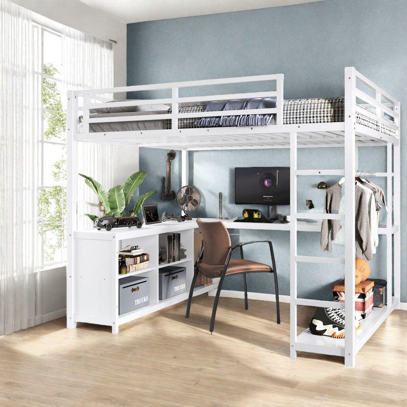 Lit mezzanine spacieux en métal avec garde-robe et bureau pour la vie moderne