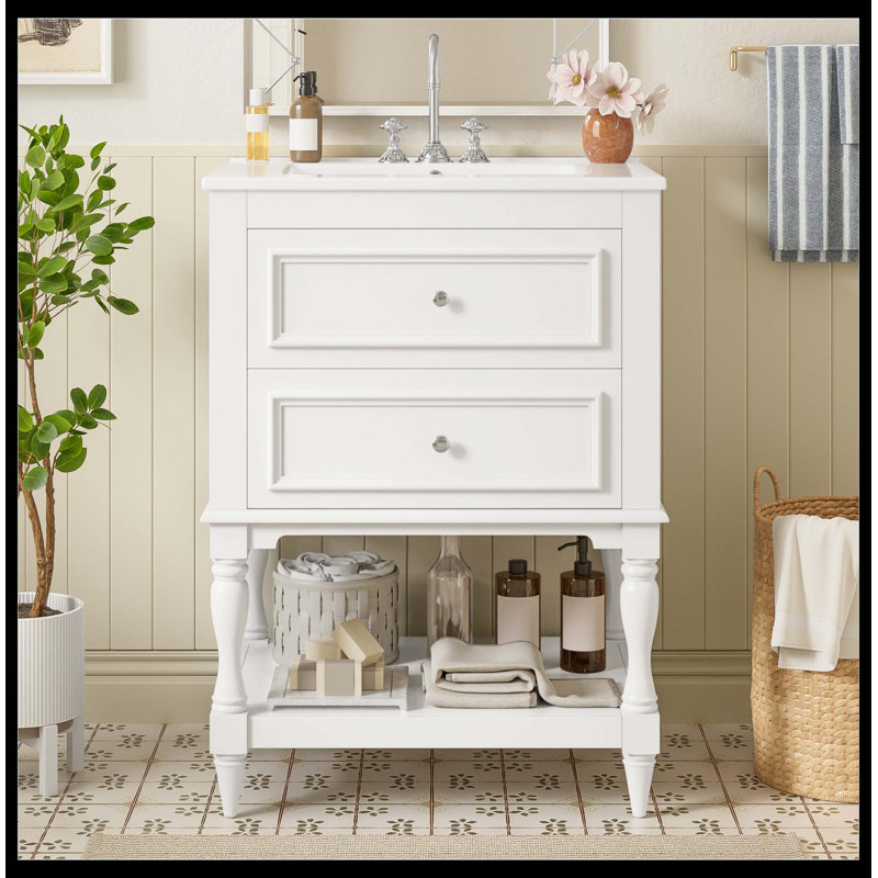 Meuble-lavabo 24 po avec lavabo en céramique, armoire de rangement avec tablette ouverte et 2 tiroirs 24 po, Blanc