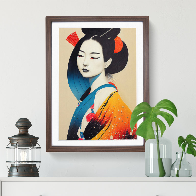 Colourful Geisha No.2 - Single Picture Frame Painting, 34cm H x 25cm W x 2cm D, Walnut