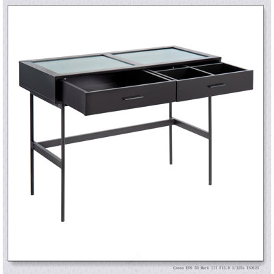 Contemporary Console Table In Wood Steel, And Glass Top