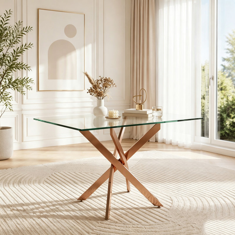 Table de salle à manger rectangulaire en verre 47,24 pouces avec pieds, Or + transparent