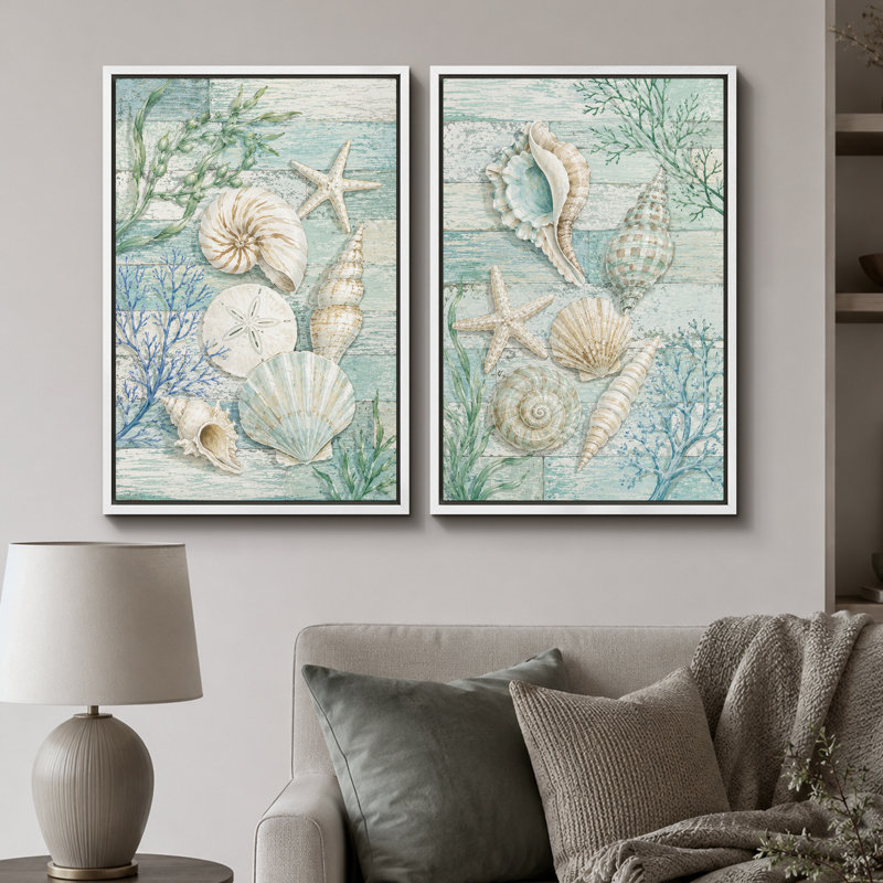 «Turquoise Seashell Coral Coastal», impression sur toile encadrée, impression sur toile, 2 pièces, Cadre blanc