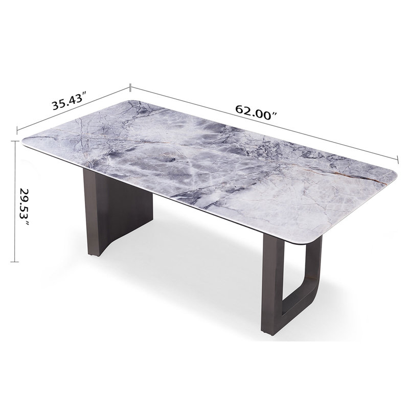 Rectangular Marble & Sintered Stone Dining Table with Double Pedestals, 29.53"H x 62"L x 35.43"W
