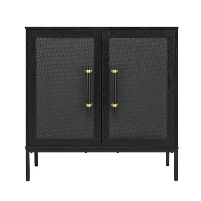 Hopper Studio Sophia Wooden 2-Door Accent Cabinet, Carbon Black with Rattan Doors, Adjustable Shelf & Aluminum Legs, Mid-Century Modern Storage for Living Room and Kitchen