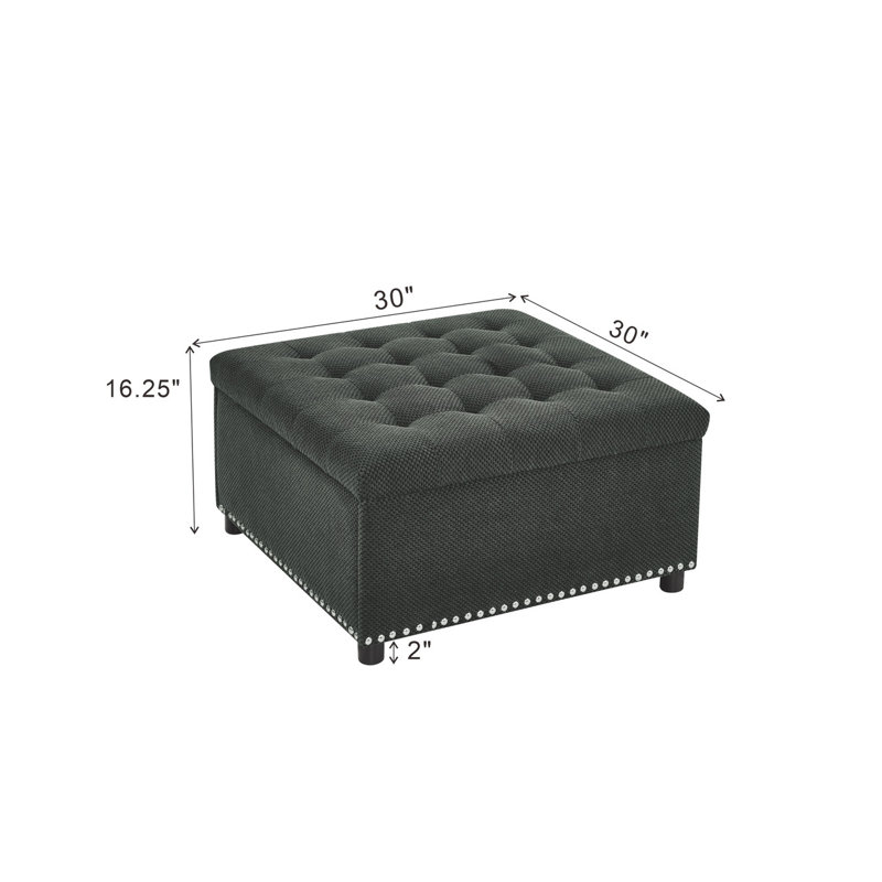 Repose-pieds carré gris foncé avec rangement capitonné et garniture cloutée, Gris foncé