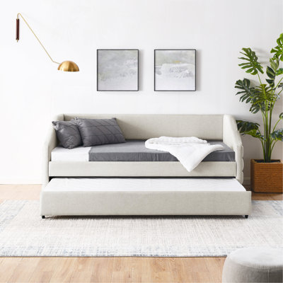 Lit de jour simple avec canapé-lit rembourré capitonné, tissu de lin, beige (82,5 po x 42,5 po x 34 po)