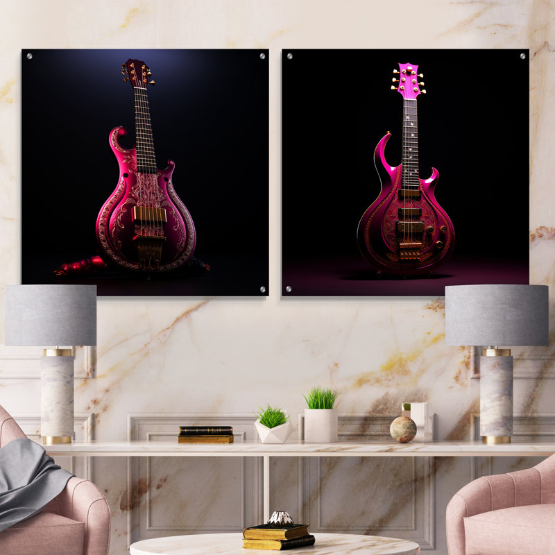 Guitare moderne en majestueux magenta - ensemble de 2 peintures murales en acrylique, H 36 po x l 73 po