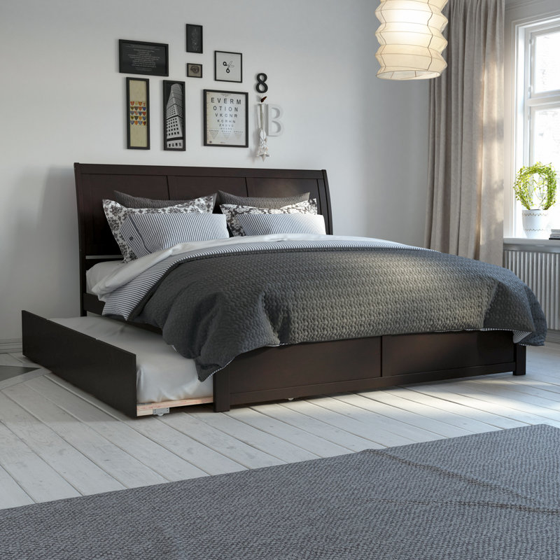 Portland Solid Wood Platform Bed with Panel Footboard and Trundle, King, Espresso