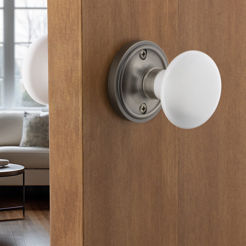 Classic Rosette with White Porcelain Door Knob, Antique Brass