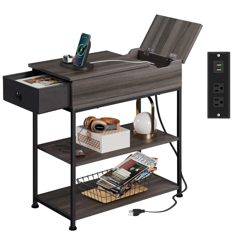 Reggis 24'' End Table with Power Outlets & USB, Side Table with Drawer and 2 Shelves, Farmhouse Side Table for Small Spaces, End Table With Drawer For Living Room, Bedroom