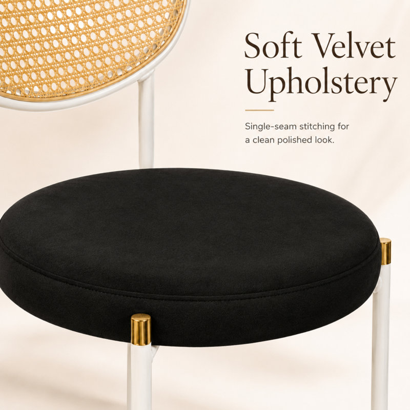 Charlotta Modern Cane Rattan Dining Chair, Boho Wicker Side Chair with Velvet Round Cushion Seat, Mid-Century Accent Seating with White Metal Legs
