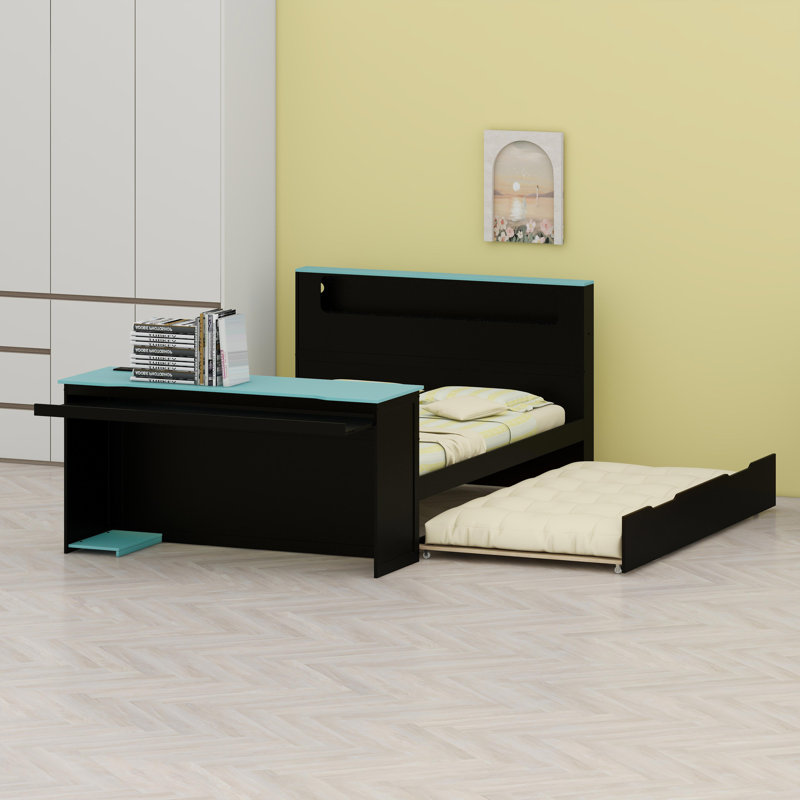 Lit de jour fonctionnel avec lit gigogne, bureau intégré, éclairage à DEL et ports USB, Noir / Bleu