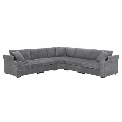 104" Convertible L-Shaped Sectional Sofa, Corduroy Corner Couch with Armrest Storage, Cup Holders, USB Charger, Irregular Corner, Oversized Comfy Modular Sofa for Living Room&Apartment