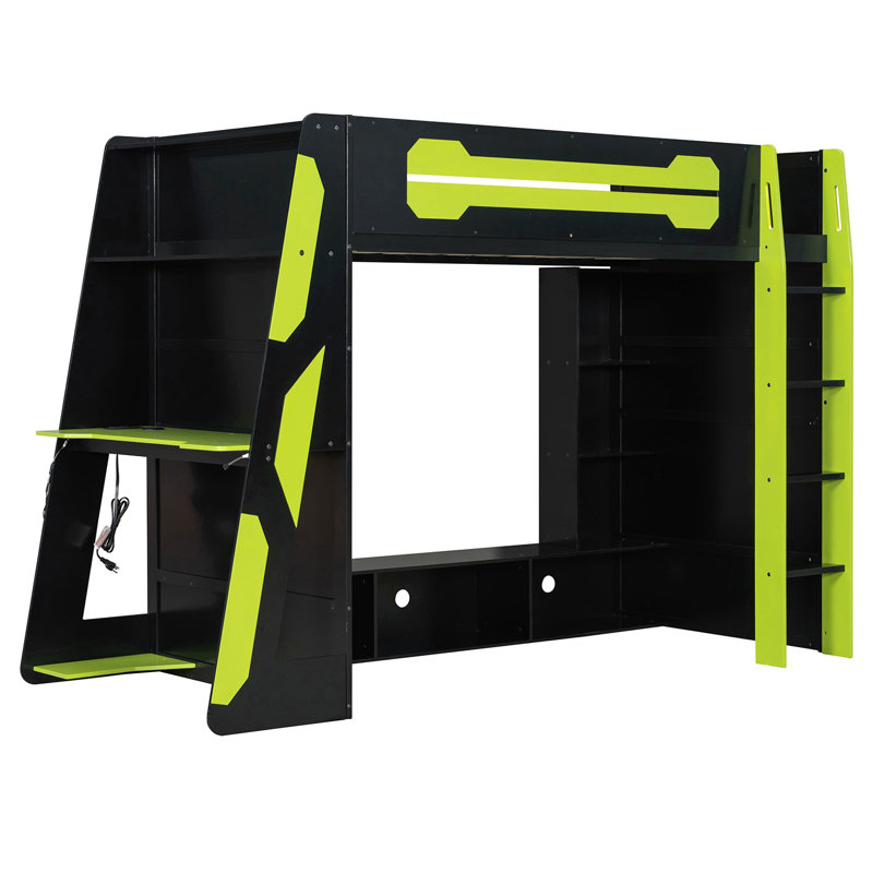Lit mezzanine simple en bois avec bureau, tablettes multiples et lumière RVB, Vert