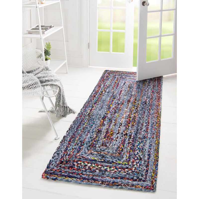 Tapis bleu tressé à la main Tullie, Tapis de couloir 2 pi 7 po x 6 pi 1 po