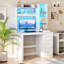 Computer Desk with Power Outlet and Tri-Color Light, Home Desk with Shelves and Drawer-1709608031