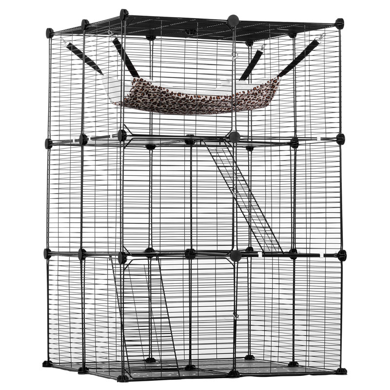 Grande cage à chat à 3 niveaux, 71 x 71 x 104 cm, avec grand hamac, 2 rampes et échelles. Enclos pour chat robuste en fil de fer détachable (à monter soi-même). Facile à assembler. Couleur : noir. Convient aux chats d'intérieur et d'extérieur.