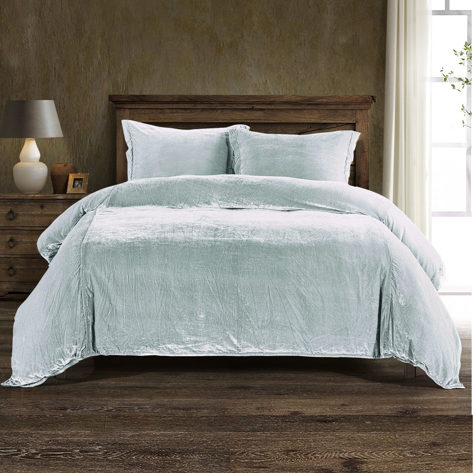 Stella Velvet Duvet Cover Set, Queen Duvet Cover + 2 Standard Shams, Icy Blue