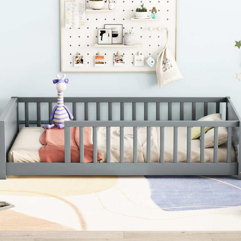 Lit simple au sol avec rangement pour livres, gris - option plateforme pratique et charmante, joyeux, Gris
