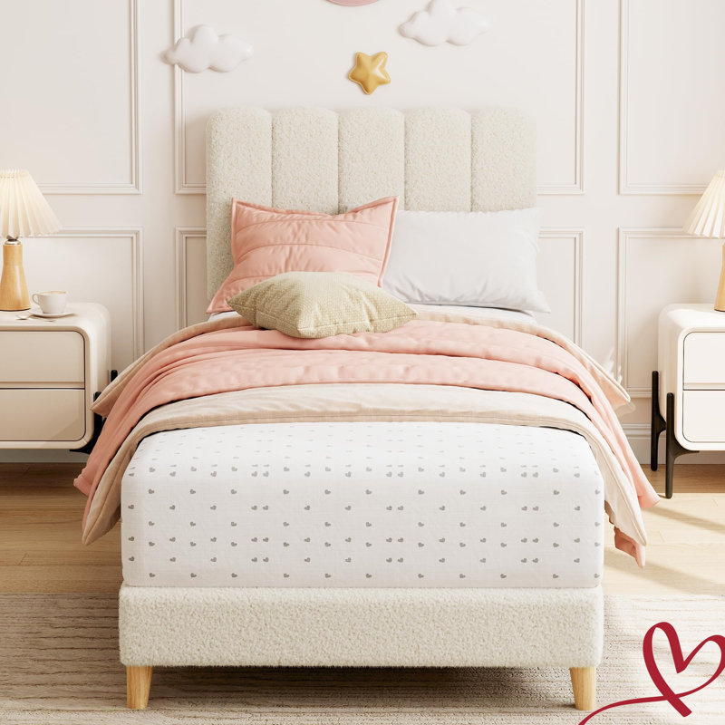 Twin Platform Bed Frame Velvet/Lambswool Upholstered Twin Size Bed Frame with Wave Headboard and Under-Bed Drawer No Box Spring Needed