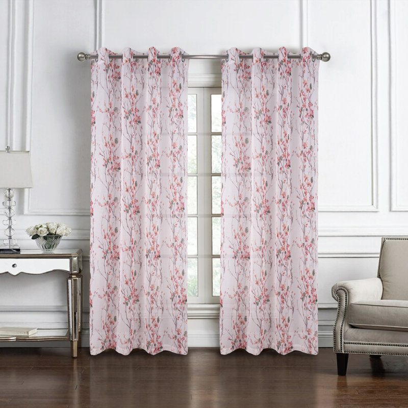 Shunya Floral Sheer Window Curtain Panel, Rose, 54" W x 90" L