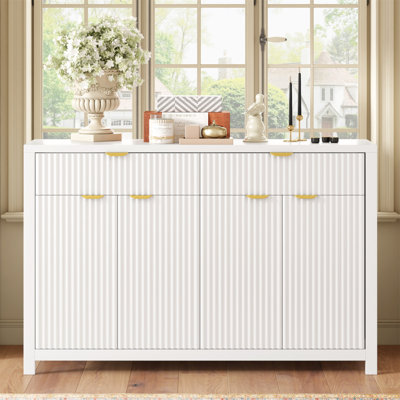 Buffet moderne à motif de vagues avec 2 tiroirs et 4 portes, 3 tablettes réglables à 3 niveaux, poignées arquées en aluminium, style scandinave, 3 couleurs, convient au vestibule, au salon, au vestibule