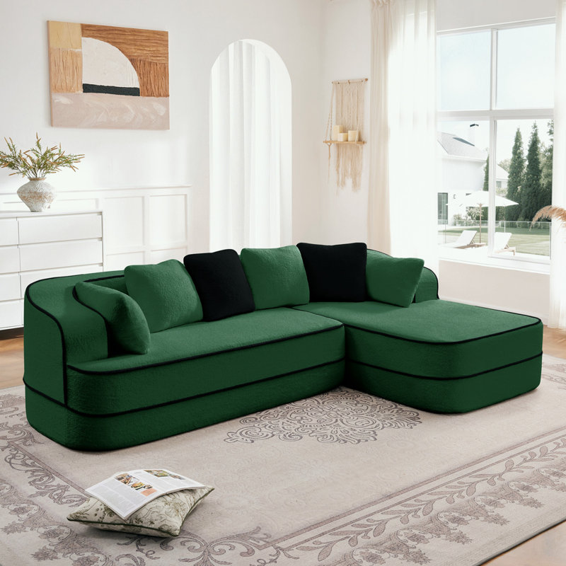 L Shaped Sofa with right Chaise Lounge, Green Teddy, Right Hand Facing