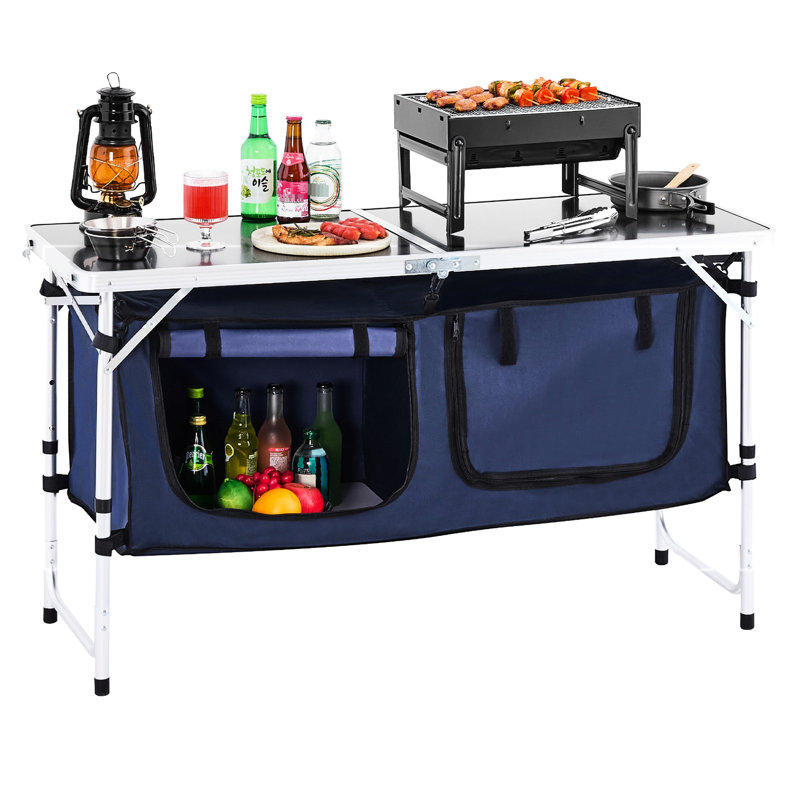 Table de cuisine de camping avec 3 réglages de hauteur, structure en aluminium, bleu, cuisson extérieure, solution de rangement à fermeture à glissière pour utilisation, niveaux réglables, pliage rapide, stabilité en forme de X