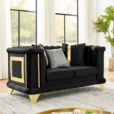 Velours de luxe de style Mid-Century moderne de 69 pouces avec acier inoxydable doré et 3 coussins exquis pour le salon - garniture en pouces, espace principal texturé