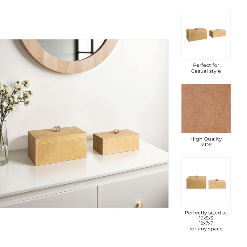 Sagebrook Home 2-Pieces Benin Suede Boxes With Stone Knob, Ivory