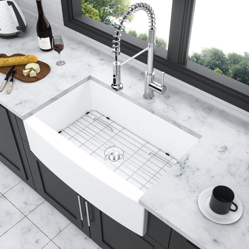 33 Inch White Ceramic Kitchen Sink With Arch Edge Apron Front, - Chip And Scratch, Comes Basket Dish Grid Single Bowl Elegant , Including Strainer