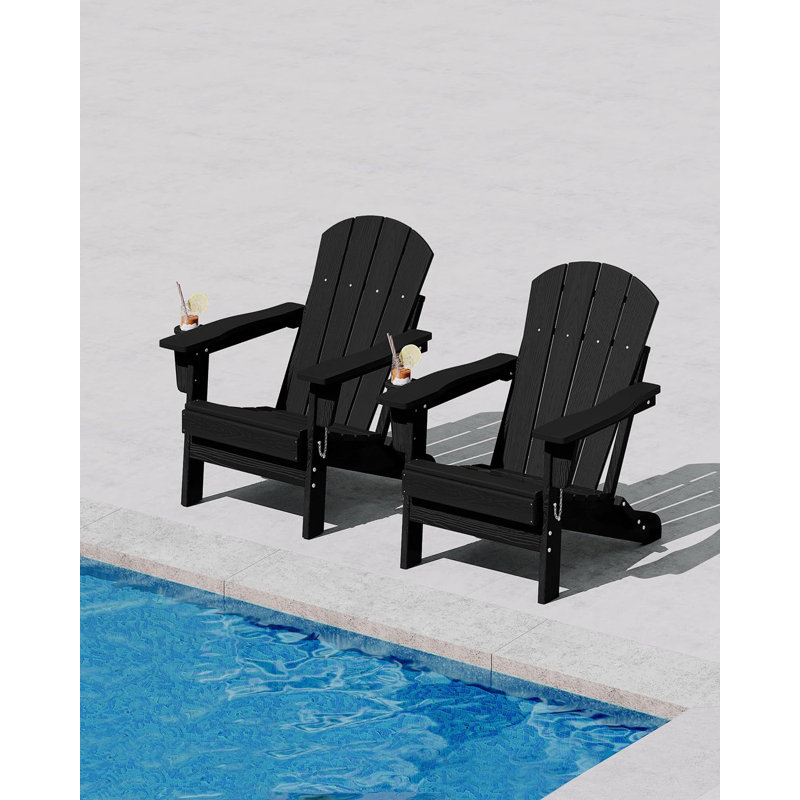 Folding Adirondack Chair Set of 2, HDPE Patio Chairs with Cup Holder, All Weather Outdoor Seating, Black