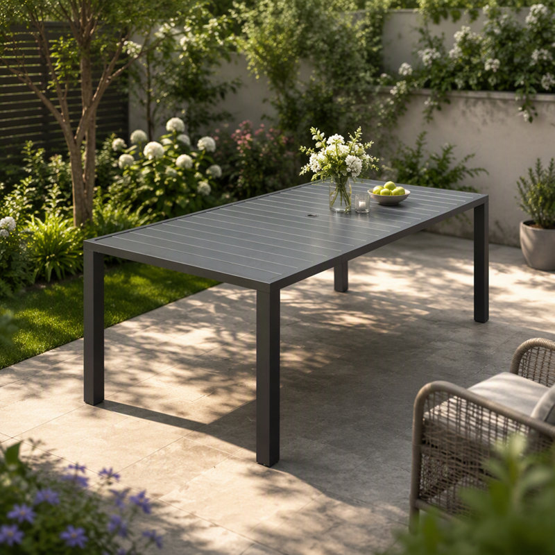 Outdoor Rectangular Slatted Metal Patio Dining Table for 8 Person, with Umbrella Hole