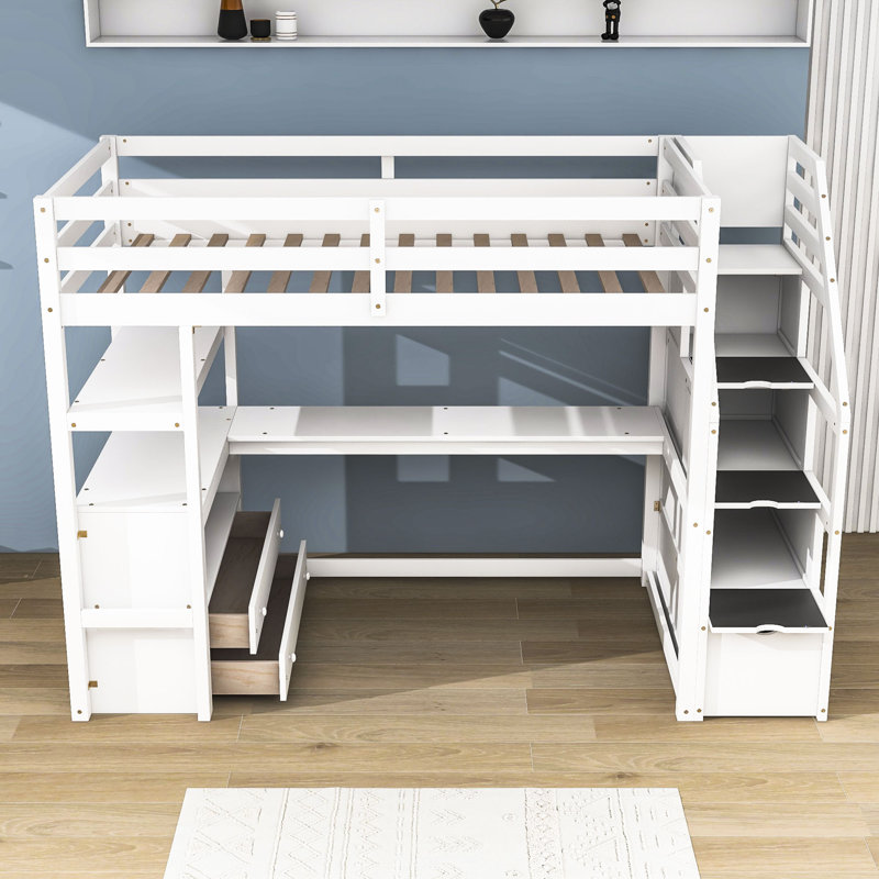 Lit mezzanine 2 tiroirs avec bureau intégré Helmuts, Simple, Blanc