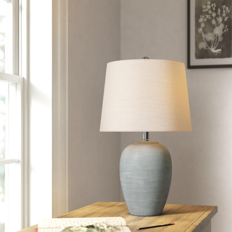 Gray Ceramic Table Lamp with Beige Linen Shade