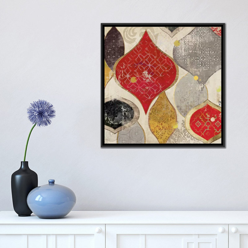 « red motif i », impression sur toile, H 18 po x l 18 po x P 1,5 po, Toile avec cadre noir, Pas de tapis
