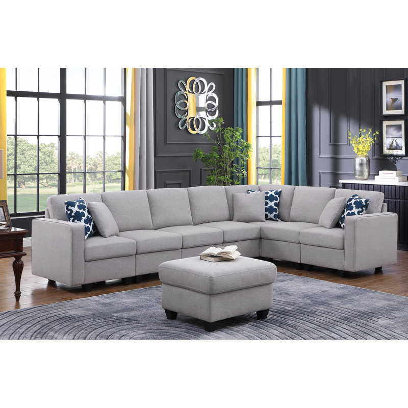 Frank Reversible Modular Sectional Sofa with Ottoman, Light Gray Linen