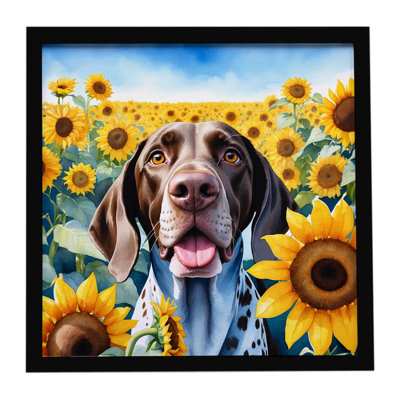German Shorthaired Pointer in Sunflowers Framed Metal Print