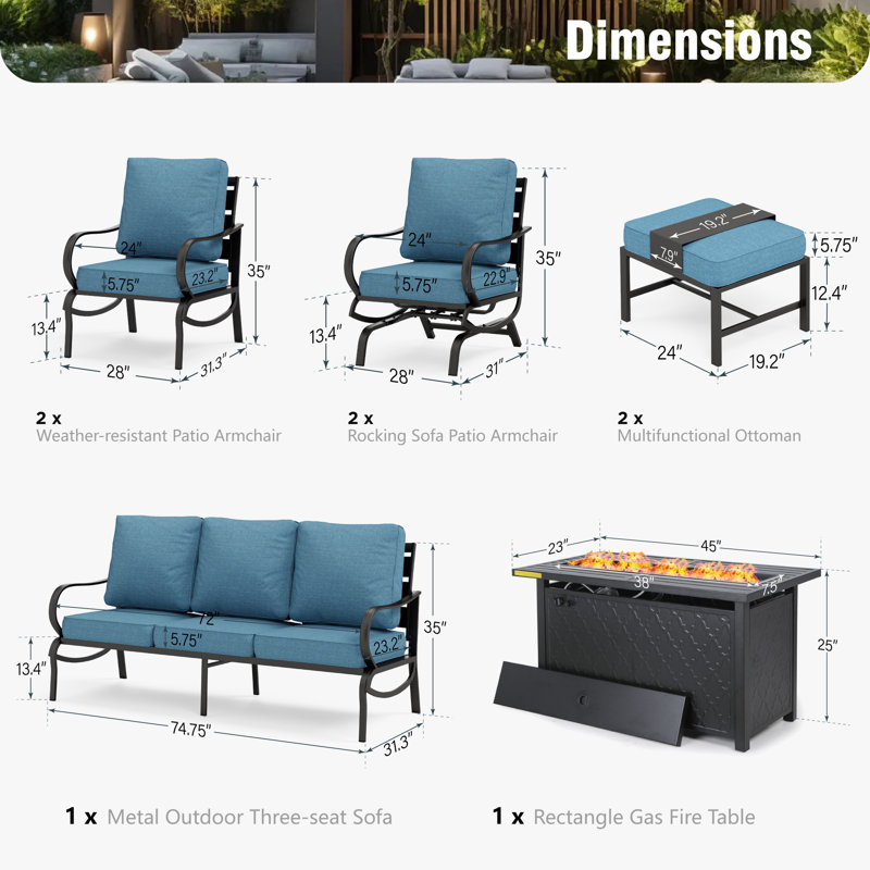 Ensemble de conversation de patio pour 9 personnes Tapasi avec chaises longues berçantes et table de foyer optionnelle, Oui
