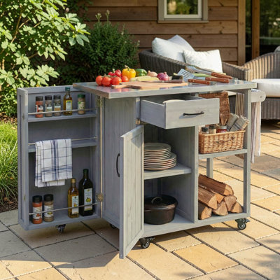 Îlot de cuisine roulant en bois avec comptoir en acier inoxydable, beaucoup de rangement, station de préparation pour patio