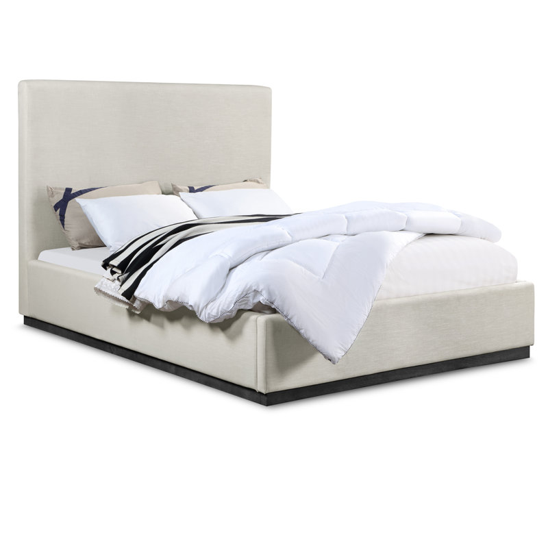Lit à panneau tapissier Citori, Double, Tissu texturé en lin beige