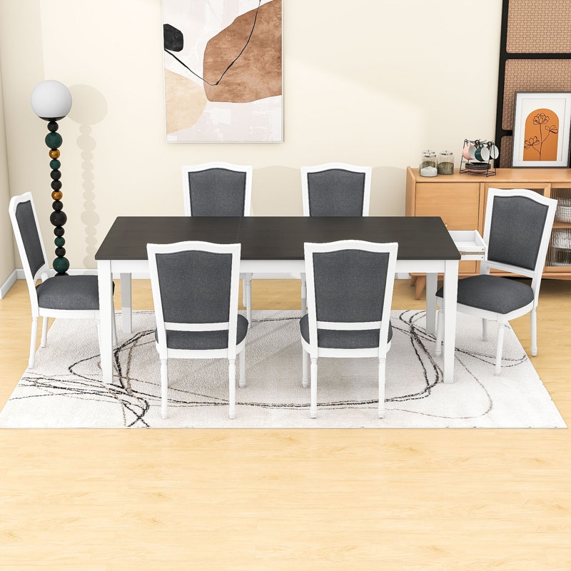 Rustic 7Pcs Extendable Dining Table Set with Removable Leaf and 6 Upholstered Chairs, Dark Gray/White, Gray/White