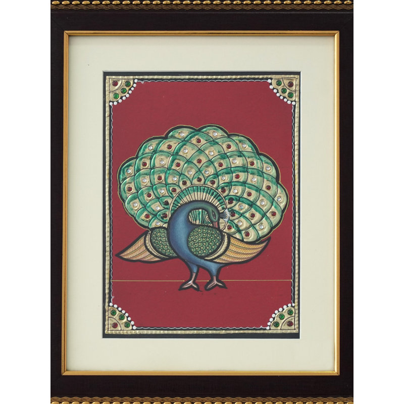 Ailes en forme de paon | Couleur traditionnelle avec or 24 carats | Tanjore, peinture avec cadre