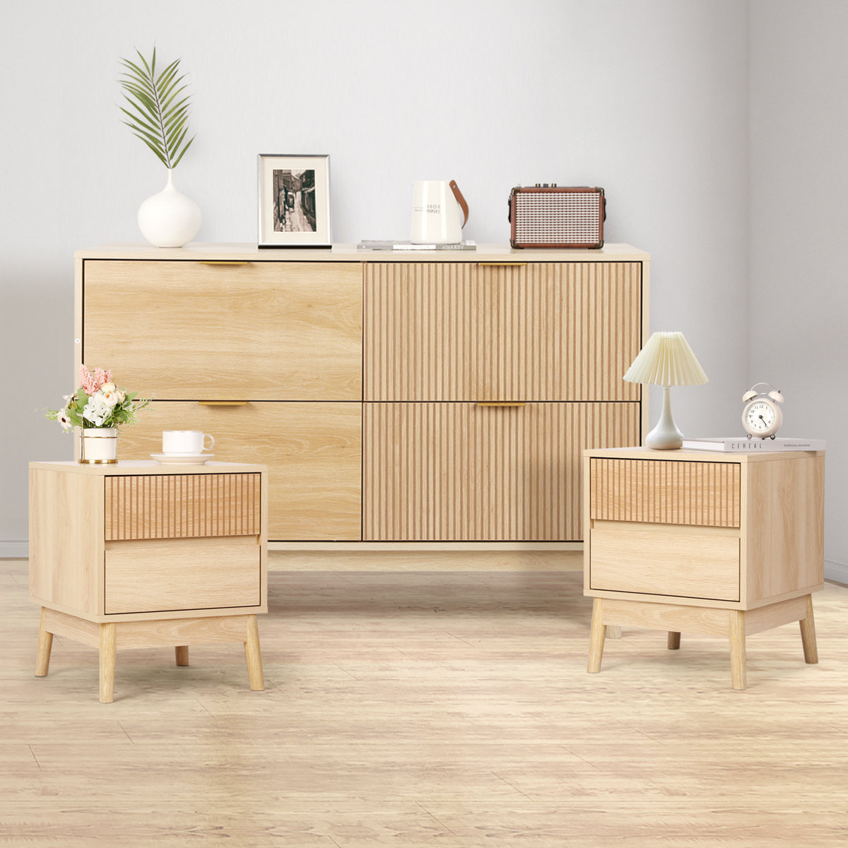 George Oliver Bedroom Set with 2 x Nightstands & Chest Of Dresser (Oak)