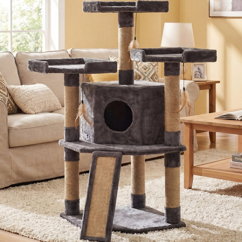 Tour à chat 45 po avec poteaux à griffes recouverts de sisal, planche, condo, plateforme étendue pour jouer à des chats d'intérieur et à des chatons, gris 