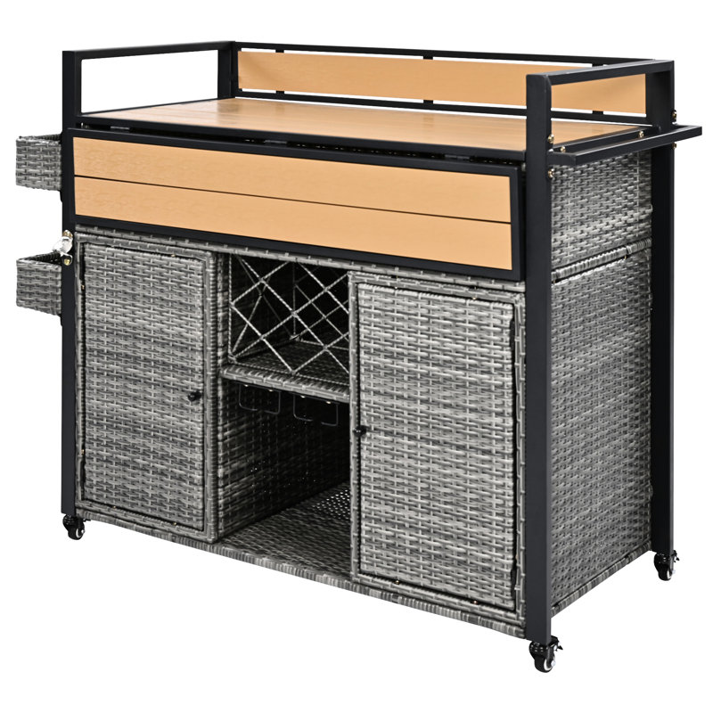 Grey Outdoor Grill Cart With Lockable Wheels, Steel Structure, Extended Table, Foldable Design, Multiple Storage Spaces, Wine Bottle Holder Exterior, - Wood Tabletop, Spice , Glass Holder,