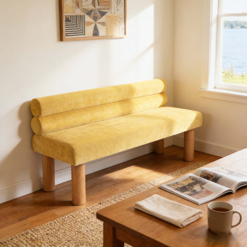 Banc rembourré polyvalent avec pieds en bois d'hévéa, support stable pour une utilisation quotidienne