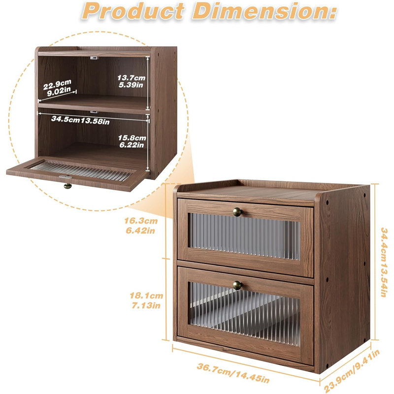 Double Layer Large Bread Box For Kitchen Counter, Wooden Corner Bread Storage Container With Acrylic Window, Retro Brown