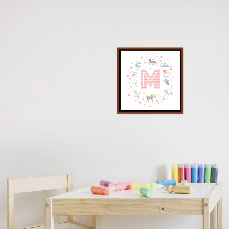 Lettre illustrée M rose - impression, Toile avec cadre brun, Aucun mat, H 18 po x l 18 po x 1,5 po