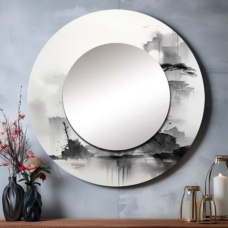 Asian Art Landscape Sumi - Animals Round Mirror Wall Decor, 23" x 23"